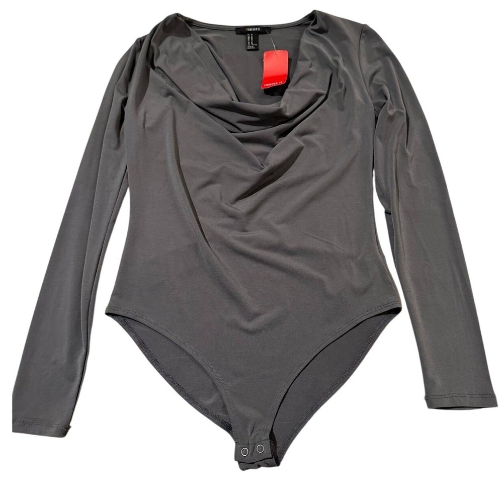 Forever 21 Womens Charcoal Gray Cowl Neck Long Sleeve Bodysuit Size Medium NWT